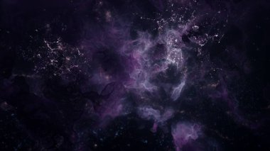 Uzaylı derinliklerinde mistik düşman galaksi yıldız kümesi. Sonsuz yıldızlararası gaz nebulası ve kozmik gök cisimlerinin sonsuzlukta parlayan bilim kurgu tasviri. Kozmik korku geniş çekim