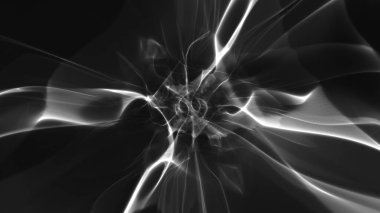 Siyah zemin üzerinde plazma enerji alanı gibi soyut beyaz hologram. Merkezcil grafiksel grafiksel geometri arka plakası kopya uzay hud tasarım elementinin üretken sanat animasyonunu kavra.