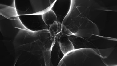Siyah zemin üzerinde plazma enerji alanı gibi soyut beyaz hologram. Merkezcil grafiksel grafiksel geometri arka plakası kopya uzay hud tasarım elementinin üretken sanat animasyonunu kavra.