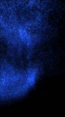 Soyut mavi sıvı yüzdürme yıldız parçacıkları sürüsü. Zarif kozmik ışıklar 3 boyutlu illüstrasyon arka planı. Dikey sihirli tatil arkaplanı ve parıldayan peri tozu yavaş çekim duvar kağıdı.