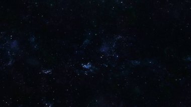 Arka plan olarak yıldızlı gece gökyüzü. Eşit dağılmış parlak nebula ile karanlık yıldızlar arası uzay. Tam kare 8 km arkaplan plakası. Sanatsal kurgusal 3D İllüstrasyon bilim kurgu ve ürün tanıtım plakası çekimi.