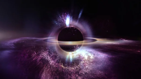 stock image Artistic interstellar supermassive Black Hole in outer space. Astronomy concept 3D illustration. Orbiting mystery particles and wormhole accretion disk warping the event horizon of time and gravity.