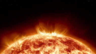 Dünya 'nın dış uzaydaki güneşi. Sanatsal kavram 3 boyutlu animasyon, güçlü patlamalar ve manyetik fırtınalar ve plazma patlamalarıyla fışkıran yıldız patlamaları ile güneş yüzeyinin alt üçüncü görüntüsüdür..