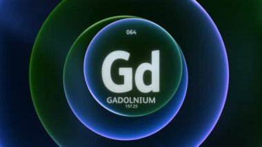 Periyodik Tablo 'nun 64 numaralı elementi olarak Gadolinium. Soyut yeşil mavi gradyan halkaların dikişsiz döngü arkaplanındaki animasyonu kavra. Bilim içeriği ve bilgi ekranı arkaplanı için başlık tasarımı.