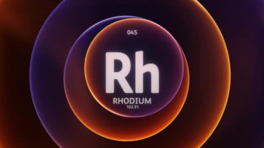 Periyodik Tablo 'nun 45. Elementi rolünde Rodyum. Soyut mavi turuncu gradyan halkaların dikişsiz döngü arkaplanındaki animasyonu kavra. Bilim içeriği ve bilgi ekranı arkaplanı için başlık tasarımı.