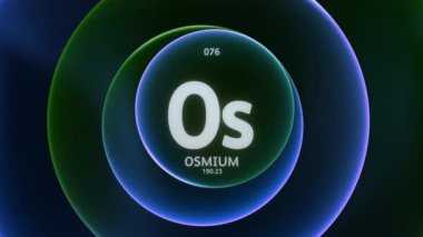 Periyodik Tablo 'nun 76. elementi olarak Osmium. Soyut yeşil mavi gradyan halkaların dikişsiz döngü arkaplanındaki animasyonu kavra. Bilim içeriği ve bilgi ekranı arkaplanı için başlık tasarımı.