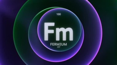 Periyodik Tablo 'nun 100 elementi olarak Fermium. Soyut yeşil mor gradyan halkaların dikişsiz döngü arkaplanındaki animasyonu kavra. Bilim içeriği ve bilgi ekranı arkaplanı için başlık tasarımı.