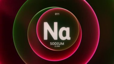 Periyodik Tablo 'nun 11. elementi olarak Sodyum. Soyut yeşil kırmızı gradyan halkaların dikişsiz döngü arkaplanındaki animasyonu kavra. Bilim içeriği ve bilgi ekranı arkaplanı için başlık tasarımı.