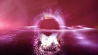 Uzaydaki süper kütleli sanatsal kara delik. Astronomi konsepti 3 boyutlu animasyon döngüsü. Yörüngedeki gizemli parçacıklar ve solucan deliği yığılma diski zaman ve yerçekimi ufkunu büküyor..