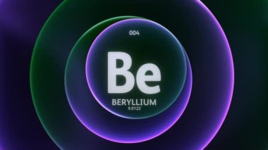 Periyodik Tablo 'nun 4. elementi olarak Berilyum. Soyut yeşil mor gradyan halkaların dikişsiz döngü arkaplanındaki animasyonu kavra. Bilim içeriği ve bilgi ekranı arkaplanı için başlık tasarımı.