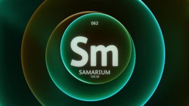 Periyodik Tablo 'nun 62. elementi olarak Samaryum. Soyut yeşil turuncu gradyan halkaların dikişsiz döngü arkaplanındaki konsept animasyonu. Bilim içeriği ve bilgi ekranı arkaplanı için başlık tasarımı.