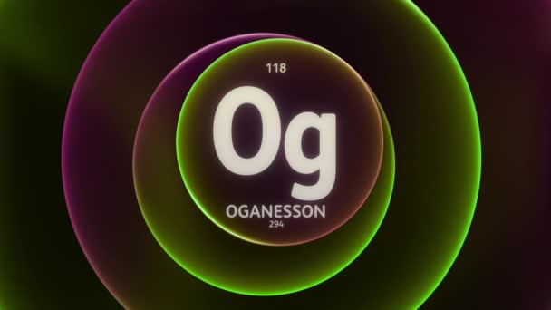 Oganesson作为元素118的周期表 抽象绿色紫色渐变环上的概念动画无缝回圈背景 科学内容和信息展示背景的标题设计 — 图库视频影像
