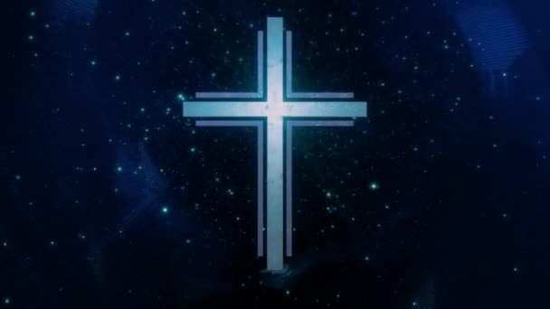 在空灵闪耀的蓝色网络空间循环中的未来派基督徒交叉 概念3D在数字世界中作为现代精神和信仰的宗教标志的罗马天主教科学十字架的动画 — 图库视频影像