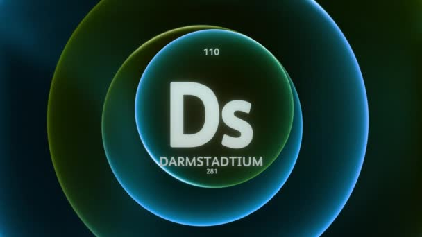 周期表の要素110としてのダルムスタッティウム 抽象緑色のグラデーションリングのコンセプトアニメーションシームレスループ背景 科学コンテンツとインフォグラフィックショーケースの背景のタイトルデザイン — ストック動画