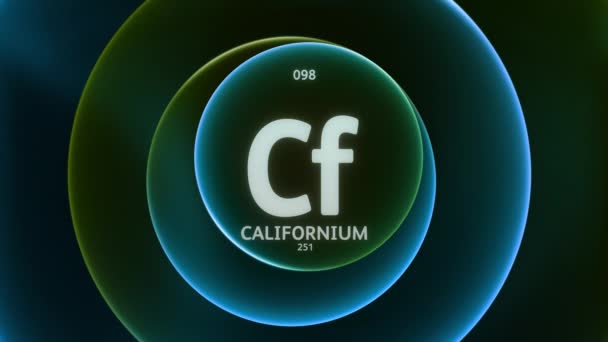 作为元素98的加州周期表 抽象绿色蓝色渐变环上的概念动画无缝回圈背景 科学内容和信息展示背景的标题设计 — 图库视频影像