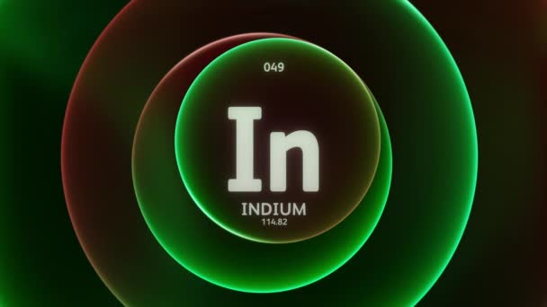 Indium Element Periodic Table Animación Conceptual Sobre Anillos Degradado Rojo — Vídeos de Stock