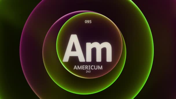 周期表の要素95としてのアメリシウム 抽象緑色の紫色の勾配リングのコンセプトアニメーションシームレスなループ背景 科学コンテンツとインフォグラフィックショーケースの背景のタイトルデザイン — ストック動画