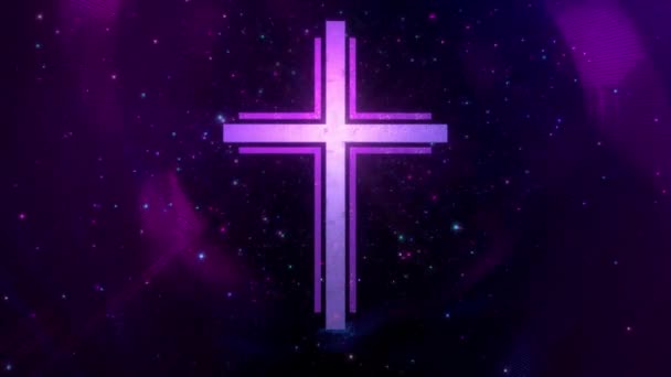 未来派基督徒交叉在空灵闪耀的紫色网络空间环中 概念3D在数字世界中作为现代精神和信仰的宗教标志的罗马天主教科学十字架的动画 — 图库视频影像