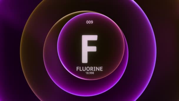 作为元素9的氟周期表 抽象紫色橙色渐变环上的概念动画无缝回圈背景 科学内容和信息展示背景的标题设计 — 图库视频影像