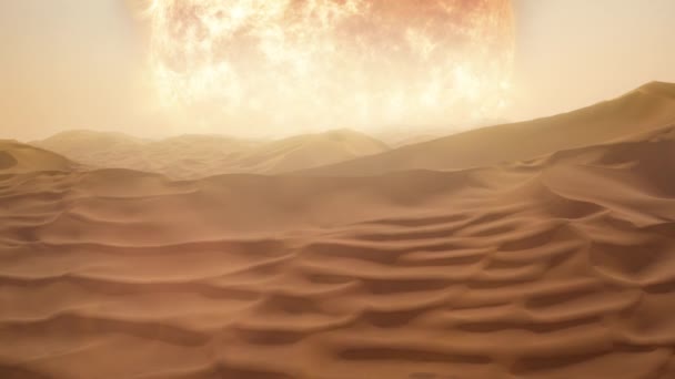 太阳覆盖在沙漠沙丘行星表面 具有极强的敌意干旱热量 概念3D动画地球濒临灭绝由一个红巨星太阳超新星 虚幻的干热干旱异国世界 — 图库视频影像