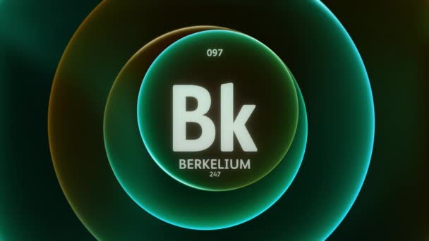 周期表の要素97としてのベルケリウム 抽象グリーンオレンジグラデーションリングのコンセプトアニメーションシームレスループ背景 科学コンテンツとインフォグラフィックショーケースの背景のタイトルデザイン — ストック動画