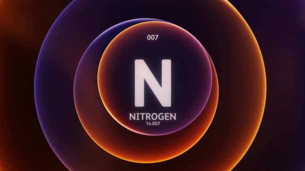 周期表の要素7としての窒素 抽象的な紫色オレンジ色の勾配リングのコンセプトアニメーションシームレスなループ背景 科学コンテンツとインフォグラフィックショーケースの背景のタイトルデザイン — ストック動画