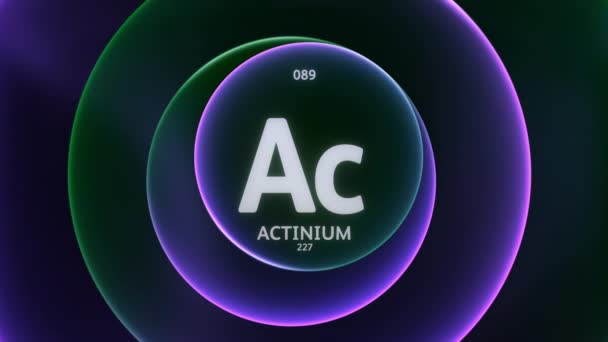 阳离子作为周期表的第89项元素 抽象绿色紫色渐变环上的概念动画无缝回圈背景 科学内容和信息展示背景的标题设计 — 图库视频影像