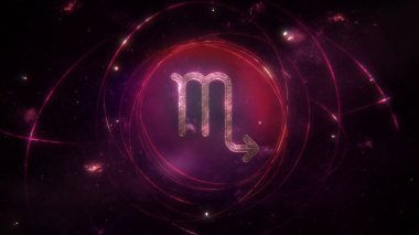 Mor galaksinin arka planında altın süs ve halkalar olarak Akrep burcu. Mistik astroloji sembolü 3D Illustration konsepti, sosyal medya yıldız falı takvimi afişi ve uzay kopyası.
