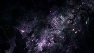 Uzaylı derin uzayı içinde uzak galaksi yıldız kümesi. Gizemli yıldızlararası gaz nebulasının 3 boyutlu bilim kurgu konsepti ve parıldayan göksel cisimlerin ruhani büyüsü. Astronomi ve kozmos geniş açı.