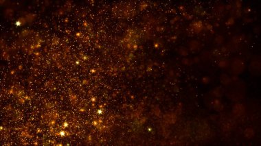 Altın siyah, zengin, soyut, sihirli yıldız parçacıkları girdap döngüsü arkaplanını aydınlatıyor. Ayrıntılı yatay lüks ve 3 boyutlu görselleştirme arkaplanı. Parlayan kehribar sürüsü lüks ürün çekimi için kıvılcım saçar.