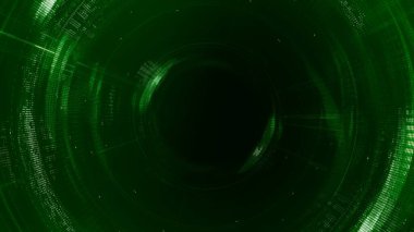 Gelecekçi Yeşil ve Karanlık Yapay Zeka Kontrol Paneli Tasarım Arkaplanı. Soyut geometrik karanlık HUD arka plâkaları veya dijital festival etkinliği ve vj arkaplanı için 3D illüstrasyon.