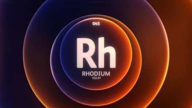 Periyodik Tablo 'nun 45. Elementi rolünde Rodyum. Soyut mavi turuncu gradyan halkaların kusursuz döngü arkaplanı kavramını ele alalım. Bilim içeriği ve bilgi ekranı için başlık tasarımı.