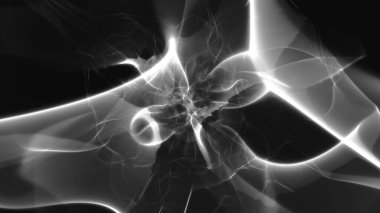Siyah zemin üzerinde plazma enerji alanı gibi soyut beyaz hologram. Merkezcil grafiksel grafiksel geometri arka plakası kopya uzay hud tasarım elementinin üretken sanat animasyonunu kavra.