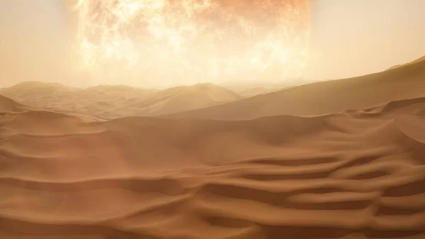 stock image Sun over desert sand dune planet surface with extreme hostile arid heat. Concept 3D illustration of Earth facing extinction by a red giant solar supernova. Fictional burnt dry hot drought alien world.