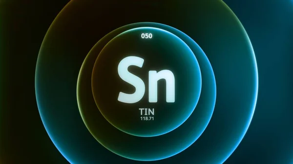 Tin as Element 50 of the Periodic Table. Concept illustration on abstract green blue gradient rings seamless loop background. Title design for science content and infographic showcase display.