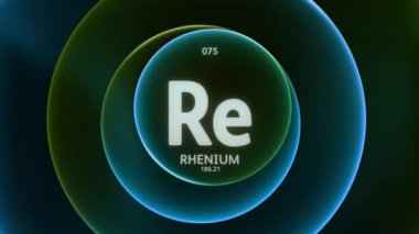 Periyodik Tablo 'nun 75. elementi olarak Rhenium. Soyut yeşil mavi gradyan halkaların dikişsiz döngü arkaplanındaki animasyonu kavra. Bilim içeriği ve bilgi ekranı arkaplanı için başlık tasarımı.