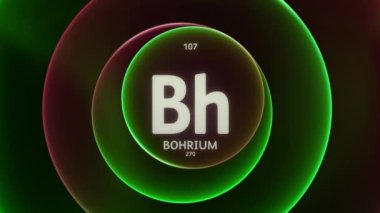 Periyodik Tablo 'nun 107. elementi olarak Bohrium. Soyut yeşil kırmızı gradyan halkaların dikişsiz döngü arkaplanındaki animasyonu kavra. Bilim içeriği ve bilgi ekranı arkaplanı için başlık tasarımı.