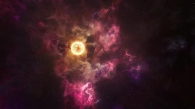Güneş 'in yüzeyinden fışkıran bulutsu bulutlarıyla ilk protostar. Güneş sistemimizin yıldız konsepti 3 boyutlu animasyon. Alevler ve koronal kütle atımları uzaya kavurucu sıcak gazlar salıyor..