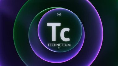 Periyodik Tablo 'nun 43. elementi olarak Technetium. Soyut yeşil mor gradyan halkaların dikişsiz döngü arkaplanındaki animasyonu kavra. Bilim içeriği ve bilgi ekranı arkaplanı için başlık tasarımı.