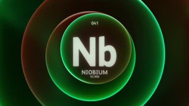 Periyodik Tablo 'nun 41. elementi olarak Niyobiyum. Soyut yeşil kırmızı gradyan halkaların dikişsiz döngü arkaplanındaki animasyonu kavra. Bilim içeriği ve bilgi ekranı arkaplanı için başlık tasarımı.