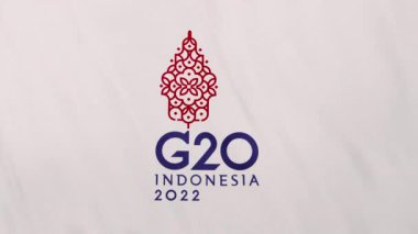 G20 Endonezya 2022 Zirvesi logosunun beyaz bayrağı. Fotokopi uzayı ile tam kare çerçeve arkaplan pankart tasarımının 3 boyutlu animasyonu. Web ve video yayınlama bilgileri için başlık grafiksel görüntü arkaplanı.