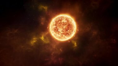 Güneş sistemimizin 3D animasyon yıldızı. Kamera geçiyor, Güneş 'in yüzeyinden fışkıran nebula gazlarını gösteriyor. Güneş patlamaları ve koronal kütle atımları uzaya kavurucu sıcak gazlar salıyor..