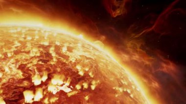 Güneş sistemimizin 3D animasyon yıldızı. Kamera yörüngeleri, Güneş 'in yüzeyinden fışkıran nebula gazlarını gösteriyor. Güneş patlamaları ve koronal kütle atımları uzaya kavurucu sıcak gazlar salıyor..