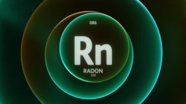 Radon, Periyodik Tablo 'nun 86. Elemanı rolünde. Soyut yeşil turuncu gradyan halkaların dikişsiz döngü arkaplanındaki konsept animasyonu. Bilim içeriği ve bilgi ekranı arkaplanı için başlık tasarımı.
