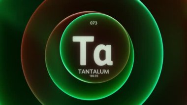 Periyodik Tablo 'nun 73. elementi olarak Tantalum. Soyut yeşil kırmızı gradyan halkaların dikişsiz döngü arkaplanındaki animasyonu kavra. Bilim içeriği ve bilgi ekranı arkaplanı için başlık tasarımı.