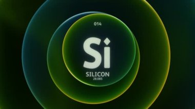 Periyodik Tablo 'nun 14. elementi olarak Silikon. Soyut yeşil mavi gradyan halkaların dikişsiz döngü arkaplanındaki animasyonu kavra. Bilim içeriği ve bilgi ekranı arkaplanı için başlık tasarımı.