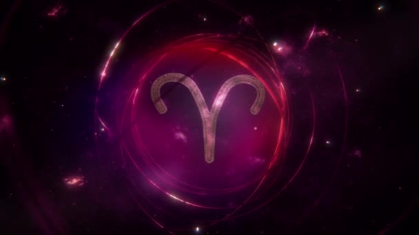 白羊座黄道带象征着金色的饰物和紫色星系背景环上的戒指 带有复制空间的神秘占星术符号和社交媒体星相历法的动画概念 — 图库视频影像