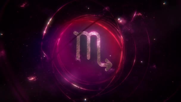 天蝎座黄道带星座作为金光闪闪的装饰和紫色星系背景环上的戒指 带有复制空间的神秘占星术符号和社交媒体星相历法的动画概念 — 图库视频影像