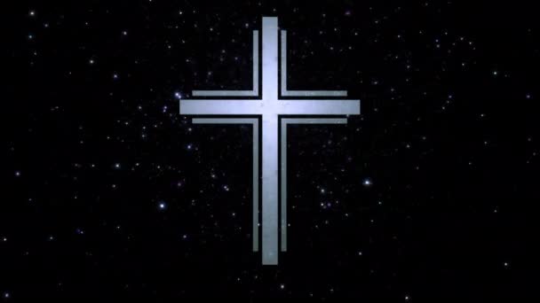 未来派基督徒交叉在空灵闪耀的银色黑色网络空间循环 概念3D动画十字架 现代精神和信仰解释中的悲伤和丧葬的宗教标志 — 图库视频影像