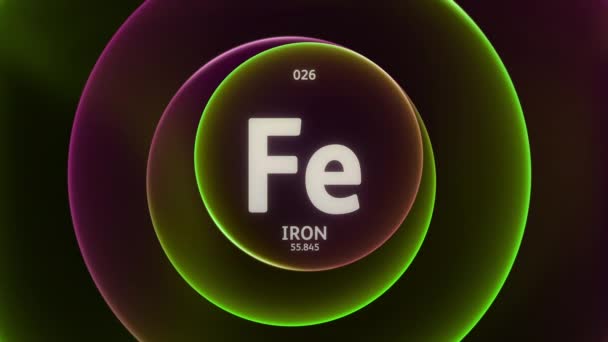 铁是周期表的第26个元素 抽象绿色紫色渐变环上的概念动画无缝回圈背景 科学内容和信息展示背景的标题设计 — 图库视频影像